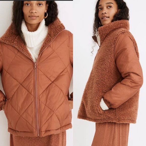 Madewell warm umber Reversible Sherpa Puffer full zip jacket NC574 Size XXS - Picture 14 of 15